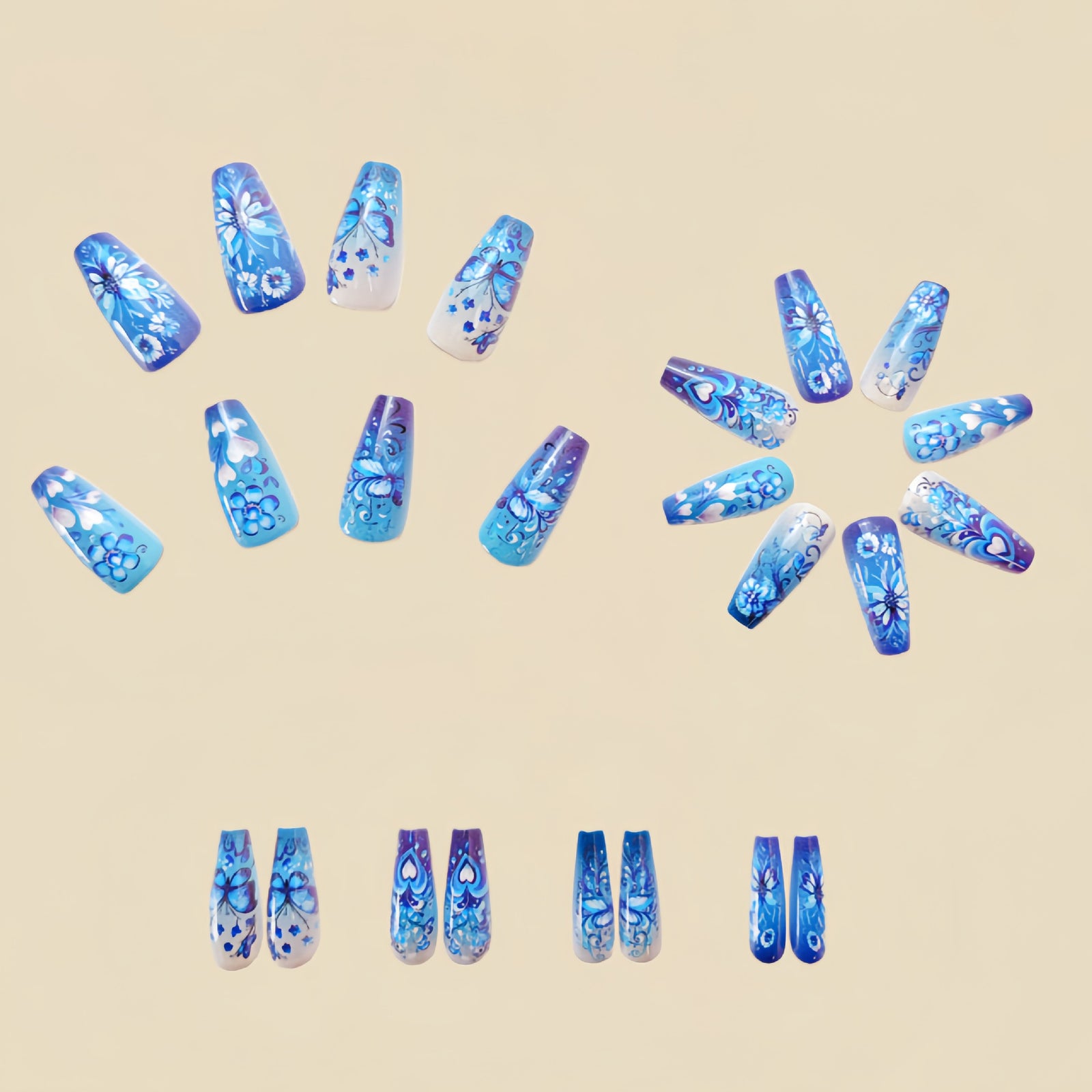24pcs/Set Blue Butterfly Flower Press-On Nails