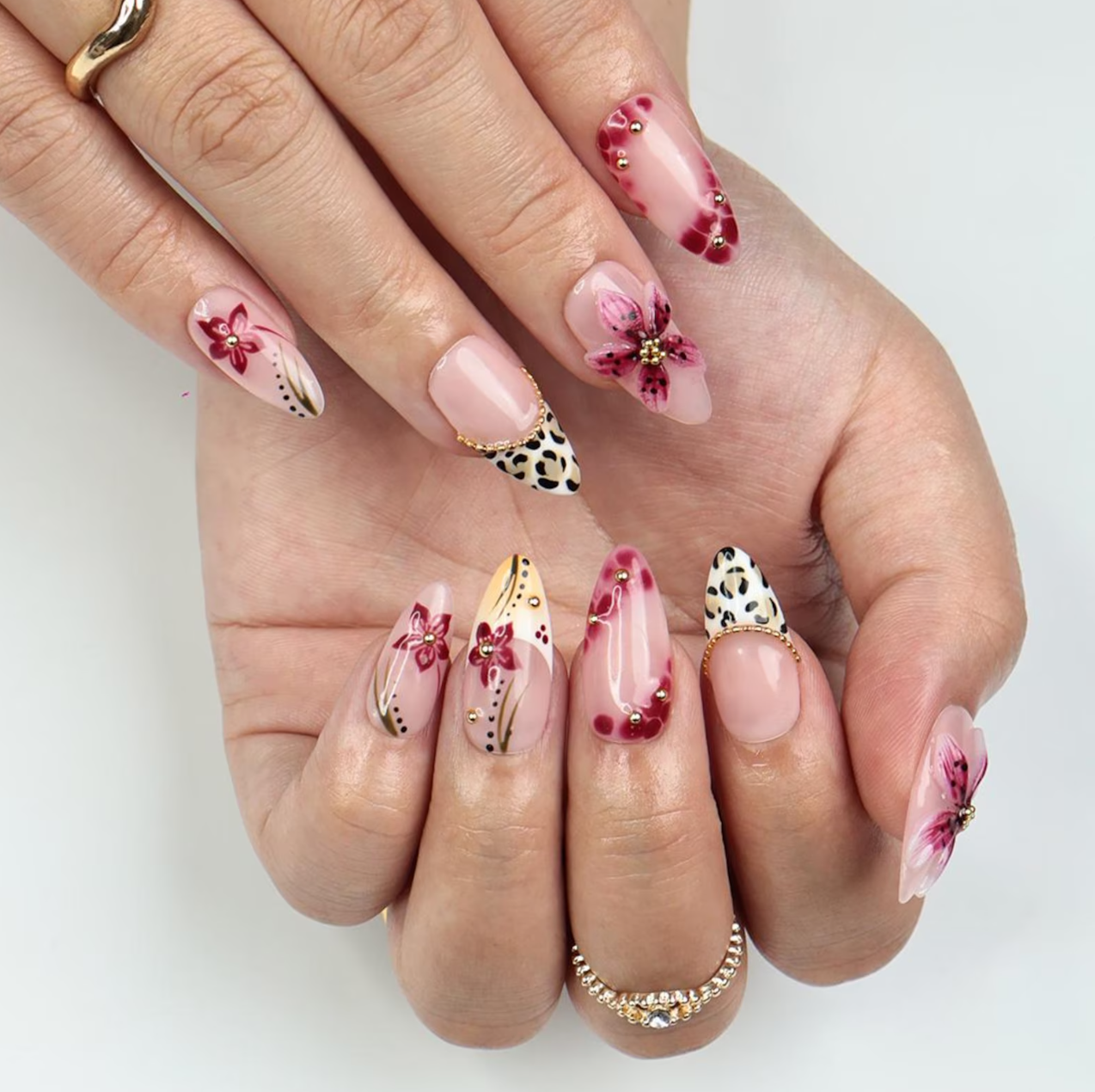 (Handmade) 10pcs/Set Pink Flower Shell Leopard Press-On Nails