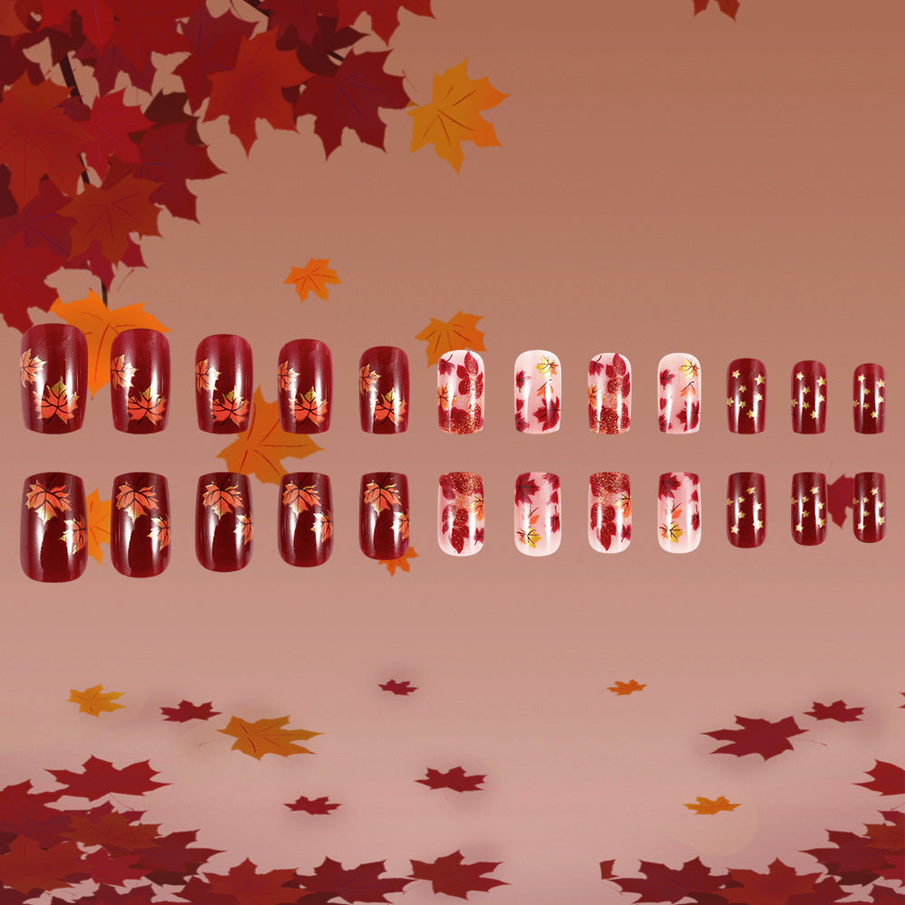24pcs/Set Dark Maple Leaf Short Press-On Nails