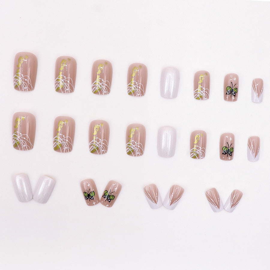 24pcs/Set White French Tip with Butterfly Press-On Nail)