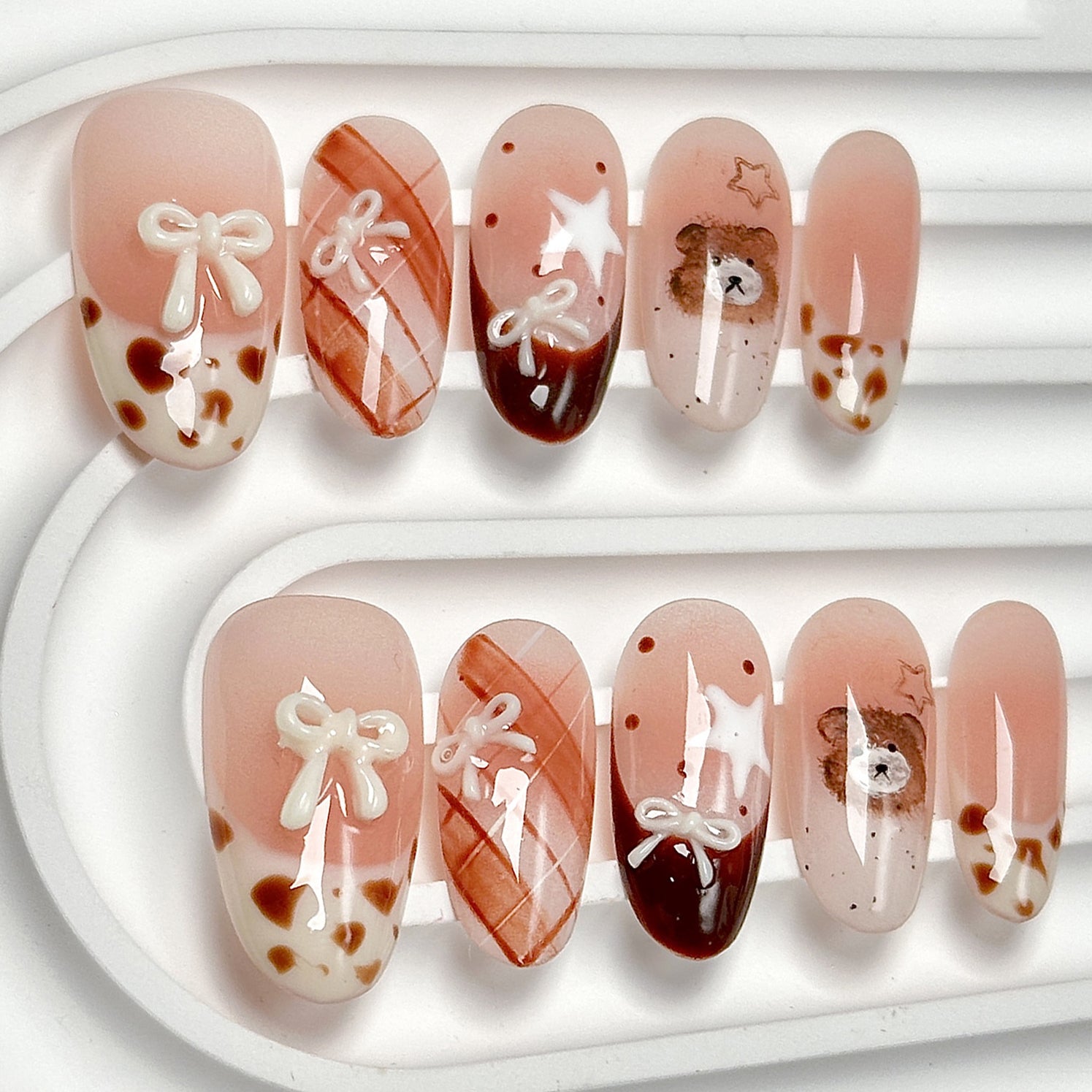 (Handmade) 10pcs/Set French Nails with Bow & Teddy Bear Press-On Nails
