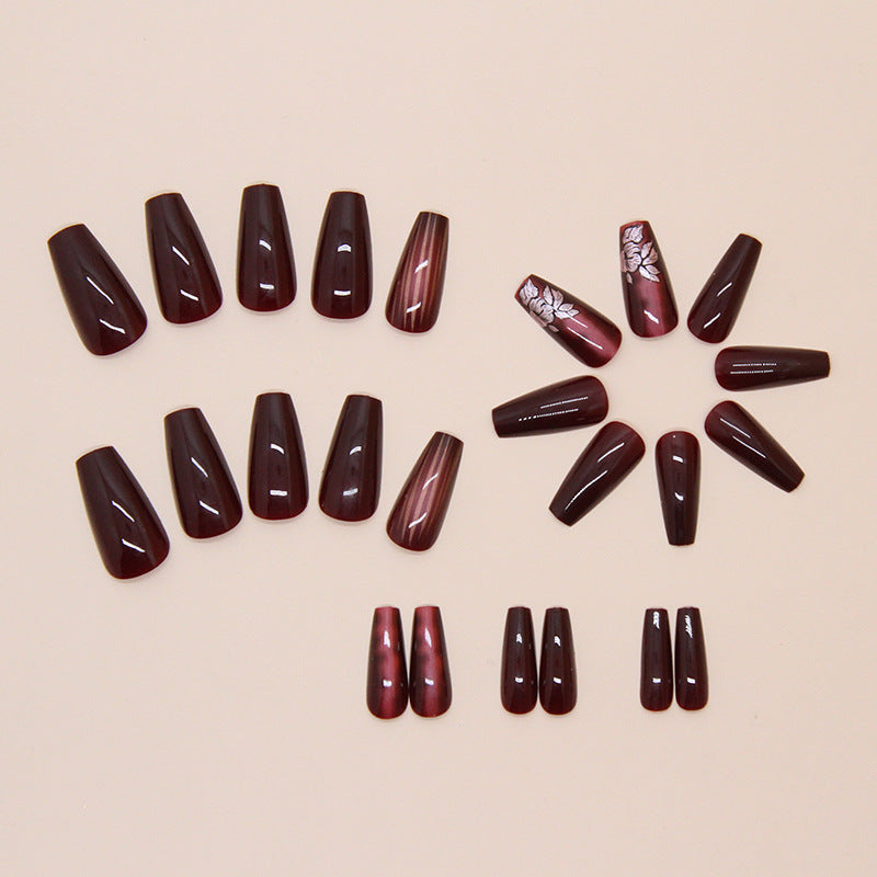 24pcs/Set Dark Red Ombre Floral Press-On Nails