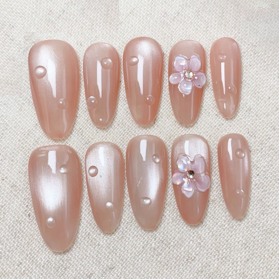 (Handmade) 10pcs/Set 3D Floral Nude Cat Eye Press-On Nails