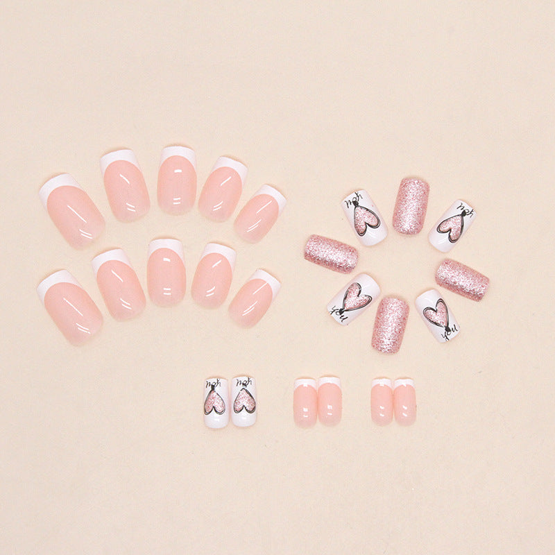 24pcs/Set Sparkling Heart Design White French Tip Press-On Nails