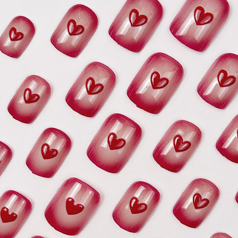 24pcs/Set Red Embossed Hearts Short Press On Nails