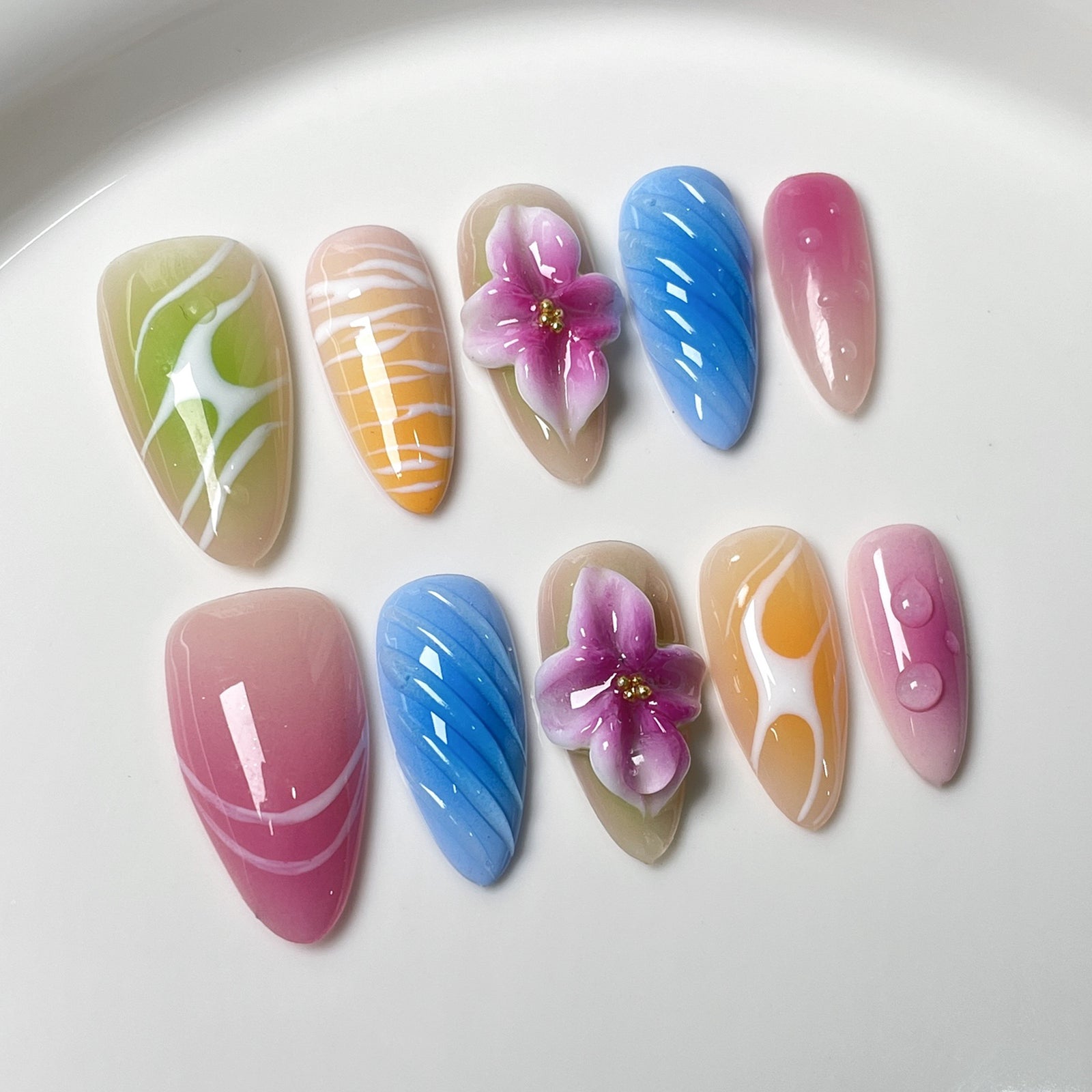 (Handmade) 10pcs/Set 3D Sculpted Floral Beach Press-On Nails