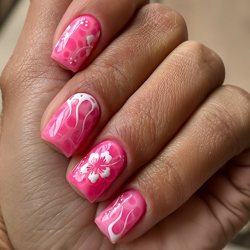 24pcs/Set Pink Water Ripple White Flowers Short Press On Nails
