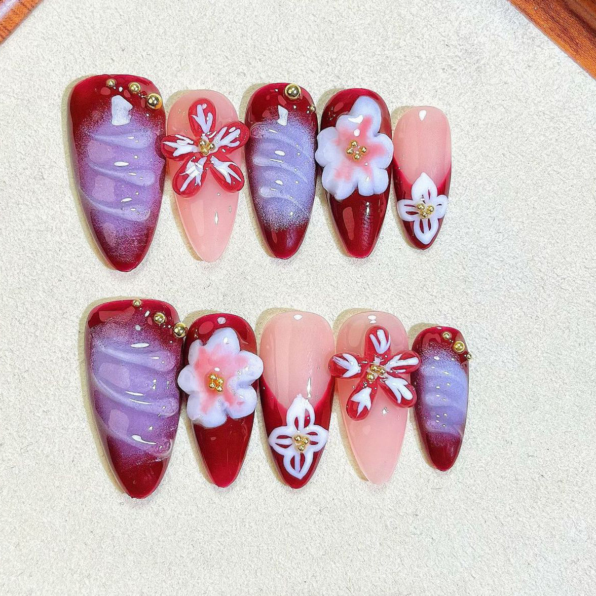 (Handmade) 10pcs/Set 3D Embossed Carving Press-On Nails