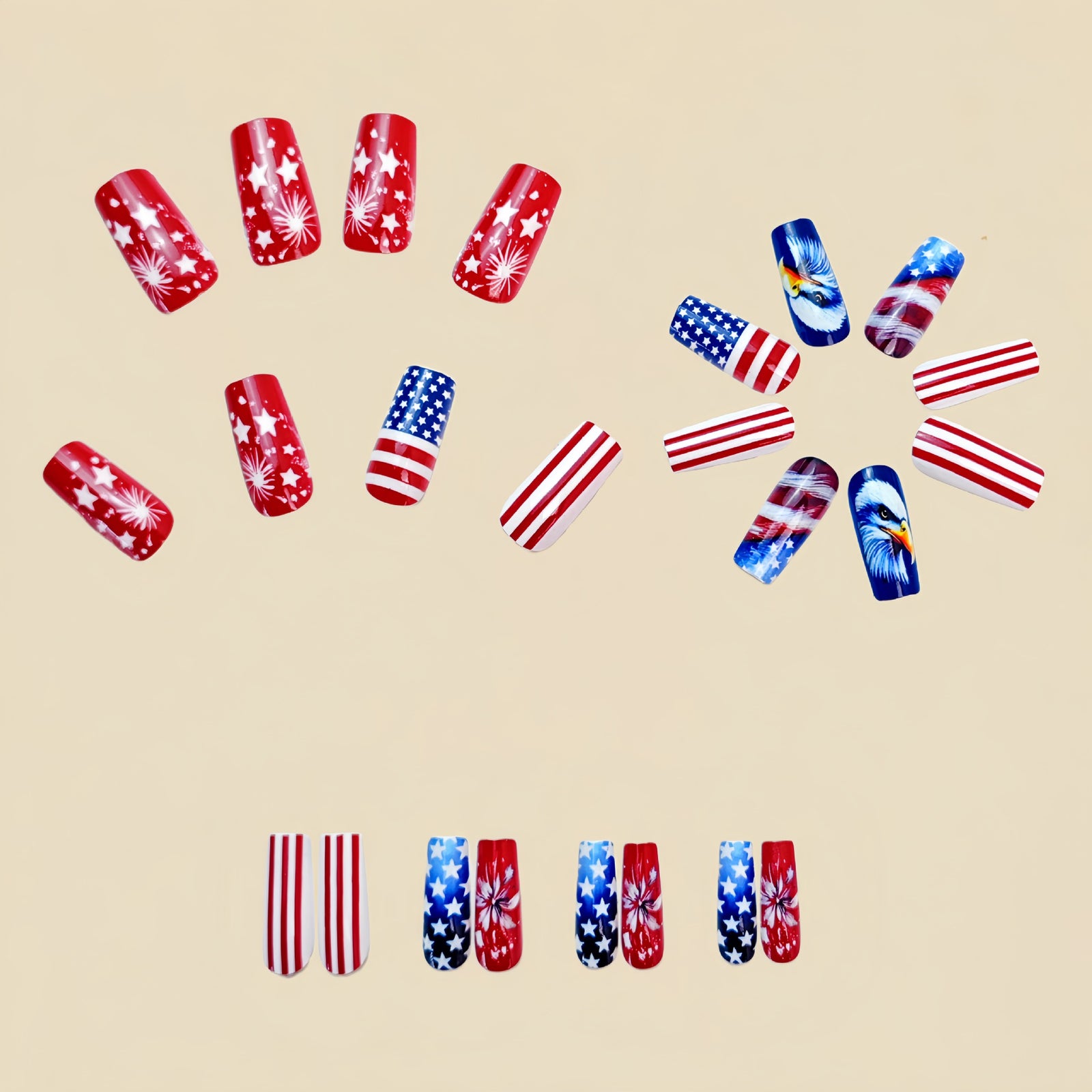 24pcs/Set American Flag Bald Eagle & Fireworks Press-On Nails