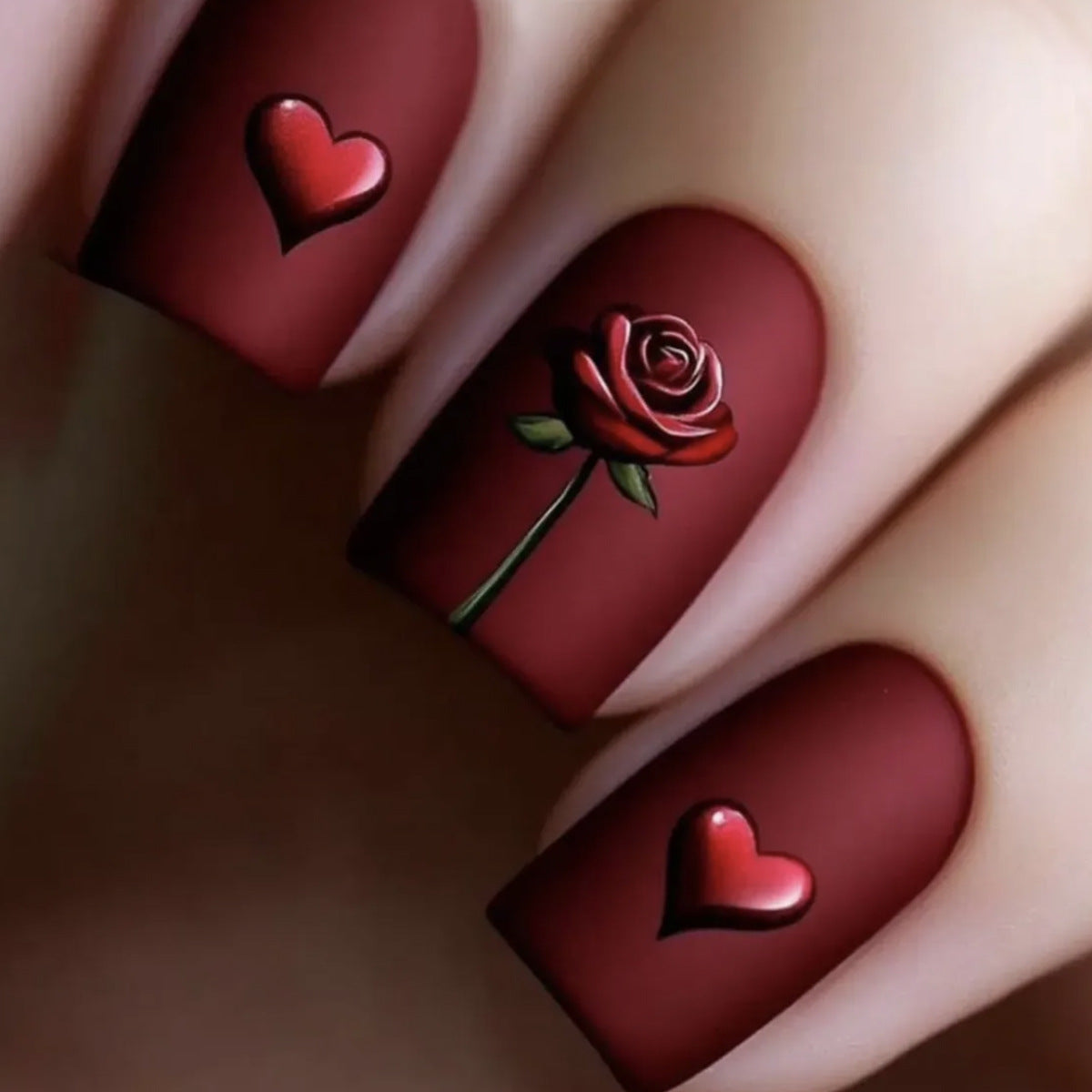 24pcs/Set Short Square Red Matte Rose Hearts Press On Nails