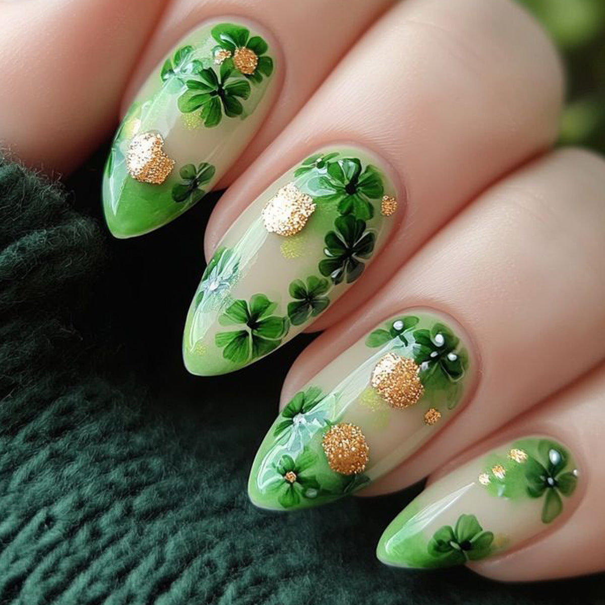 24pcs/Set Glitter Four-Leaf Clover Press-On Nails