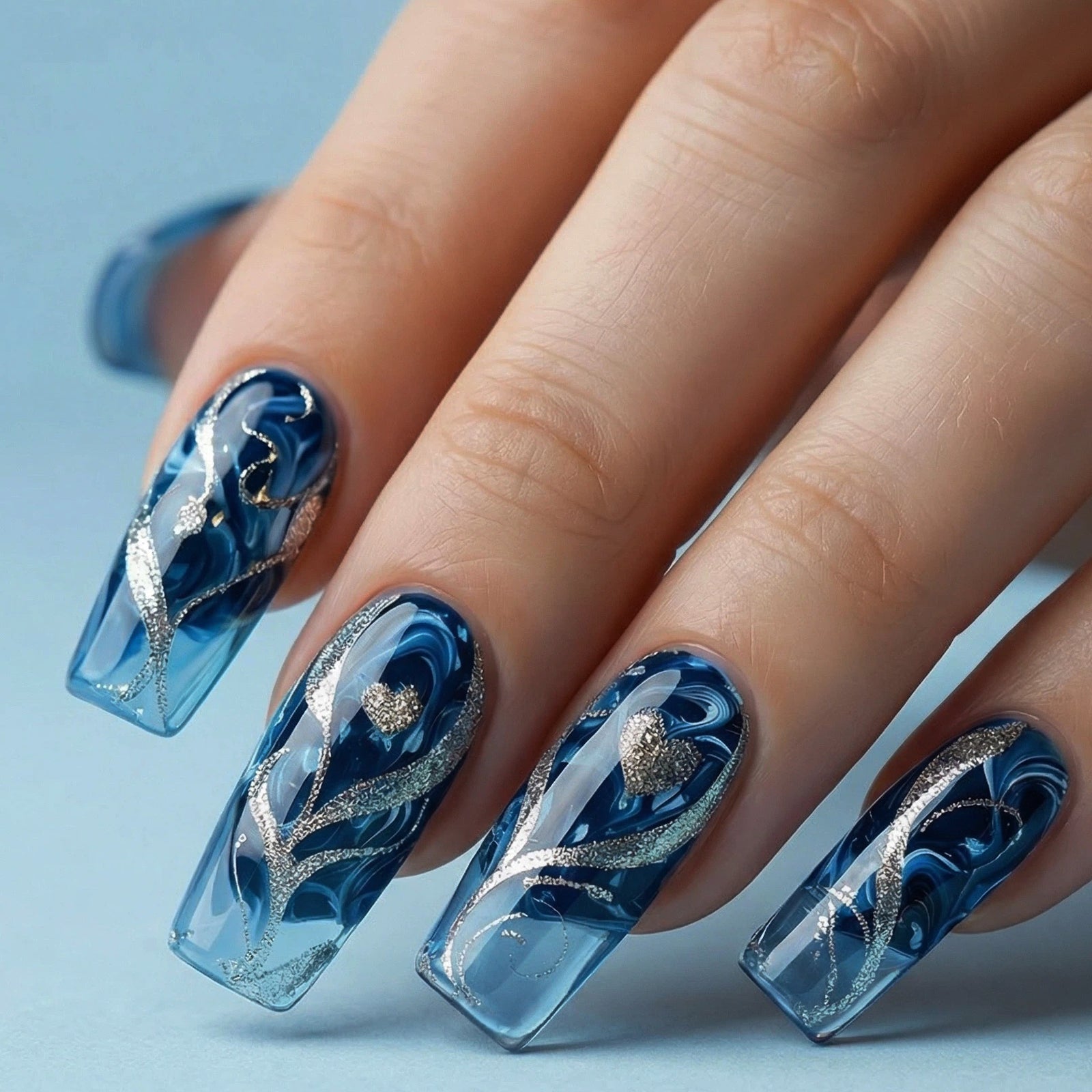 24pcs/Set Glitter Heart Blue Press-On Nails