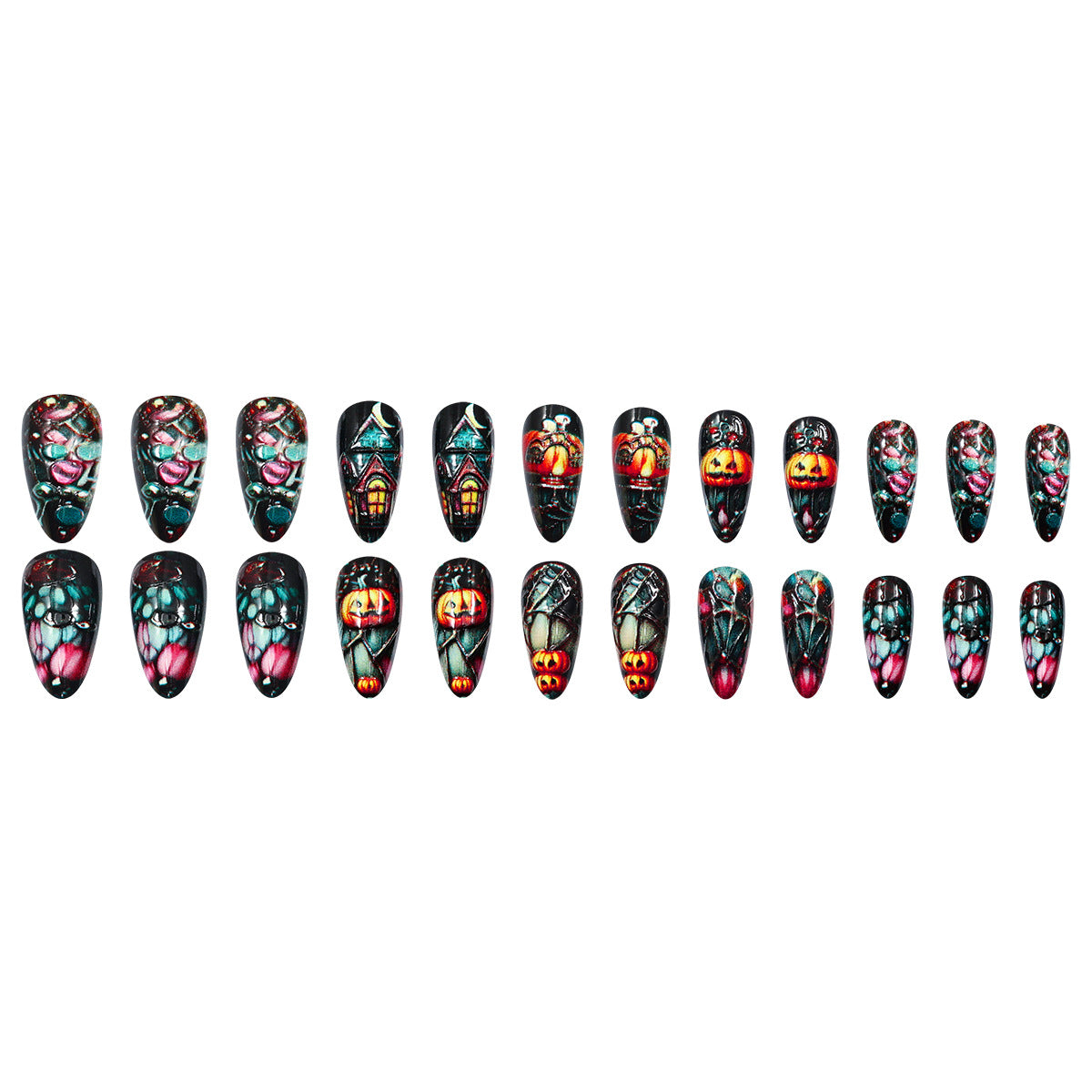 24pcs/Set Pumpkin Haunted House Halloween Spider Press-On Nails