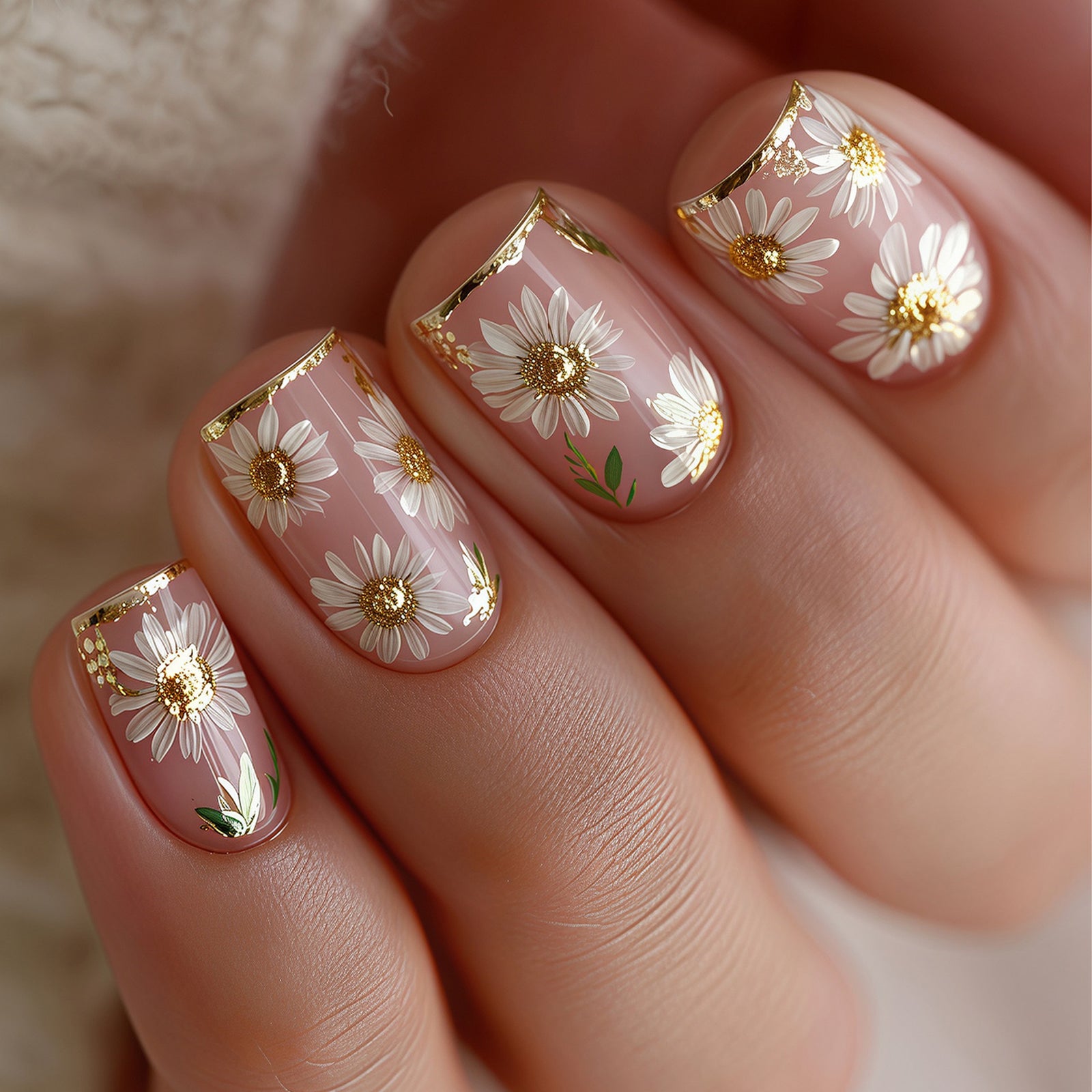 24pcs/Set Gold Stripes with White Flowers Press-On Nails