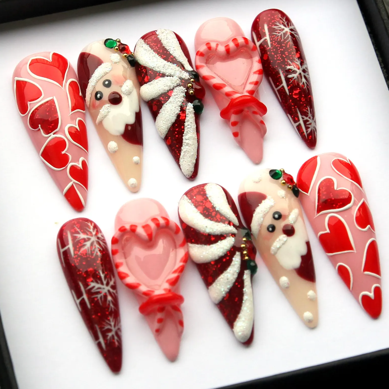 (Handmade) 10pcs/Set 3D Christmas Bow Heart Snowflake Press On Nails