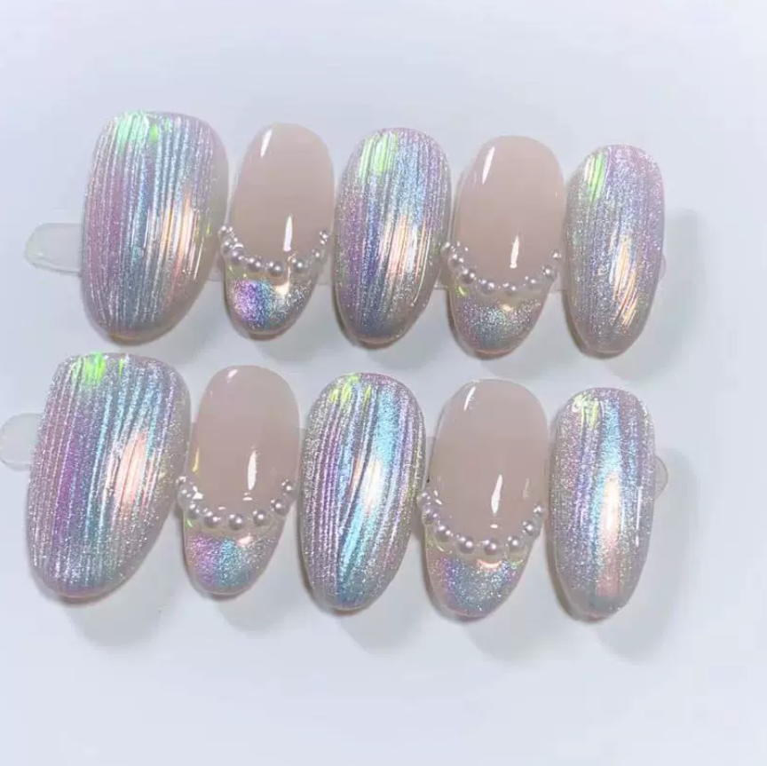 (Handmade) 10pcs/Set Red Aurora Cat Eye French Press-On Nails