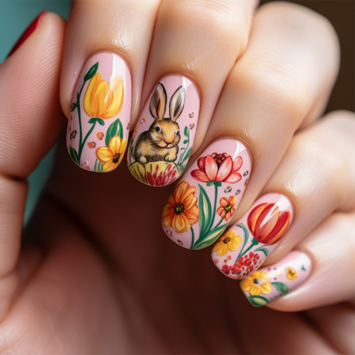 24pcs/Set Graffiti Flower Cute Bunny Short Press-On Nails