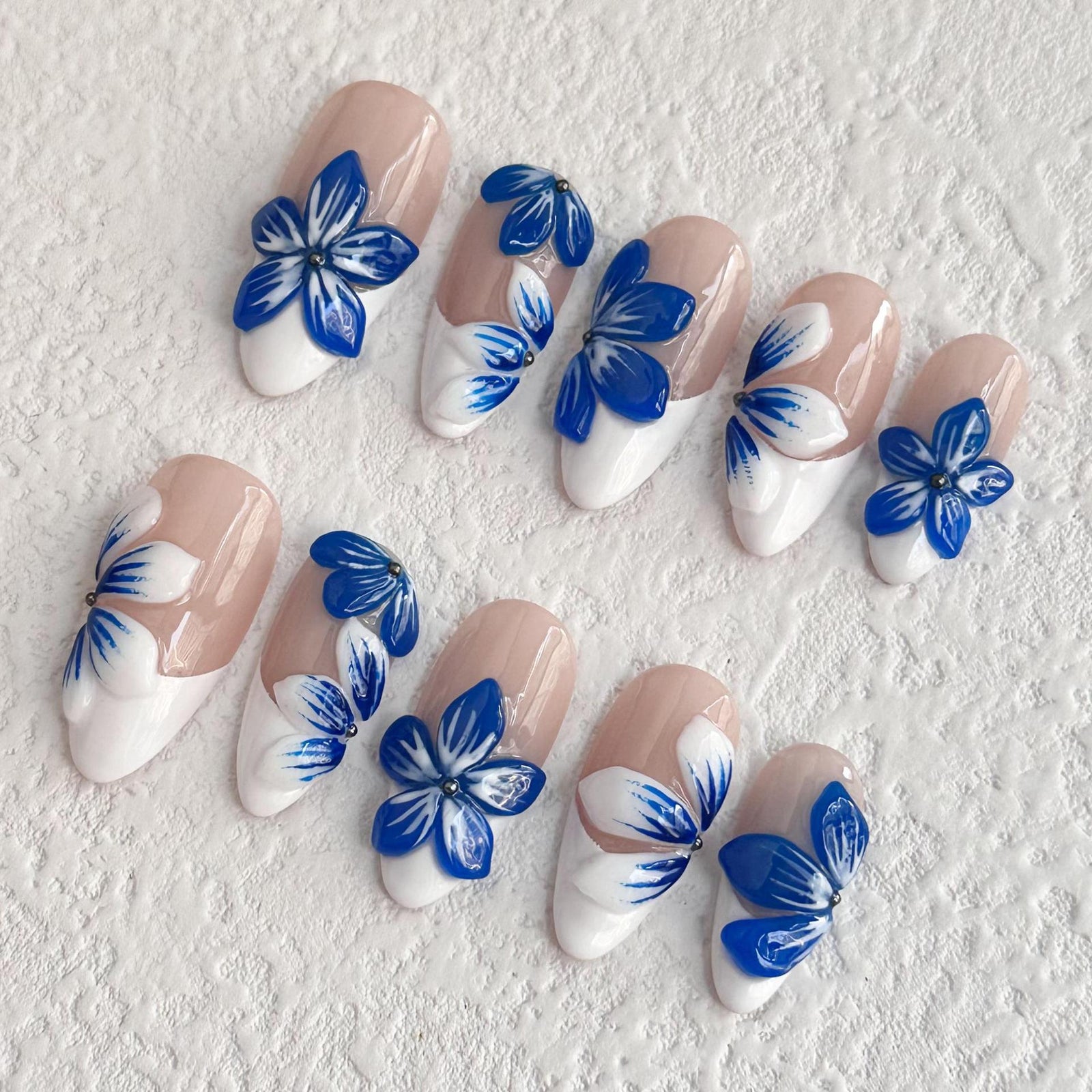 (Handmade) 10pcs/Set Blue 3D Flower Press-On Nails