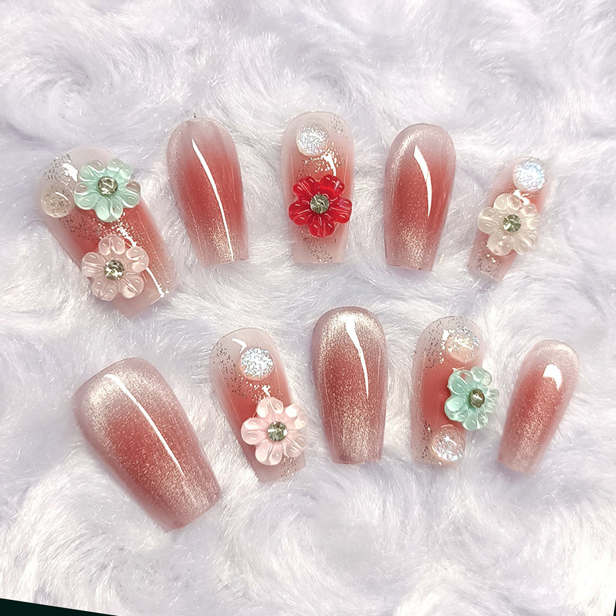 (Handmade) 10pcs/Set Cherry Blossom Gradient Press-On Nails