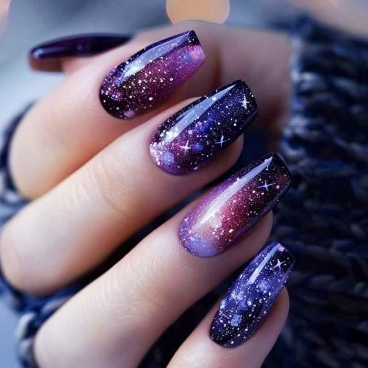 24pcs/Set Blue Purple Gradient Starry Sky Press-On Nails