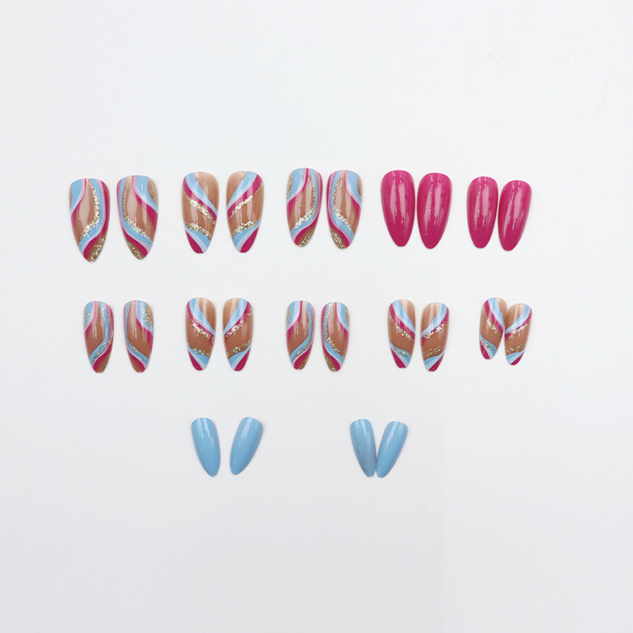 24pcs/Set Blue-Pink-Gold Glitter Waves Press-On Nails