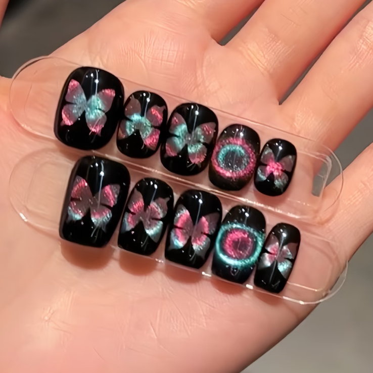 (Handmade) 10pcs/Set Dual-Tone Cat's Eye Dreamy Butterfly Press-On Nails