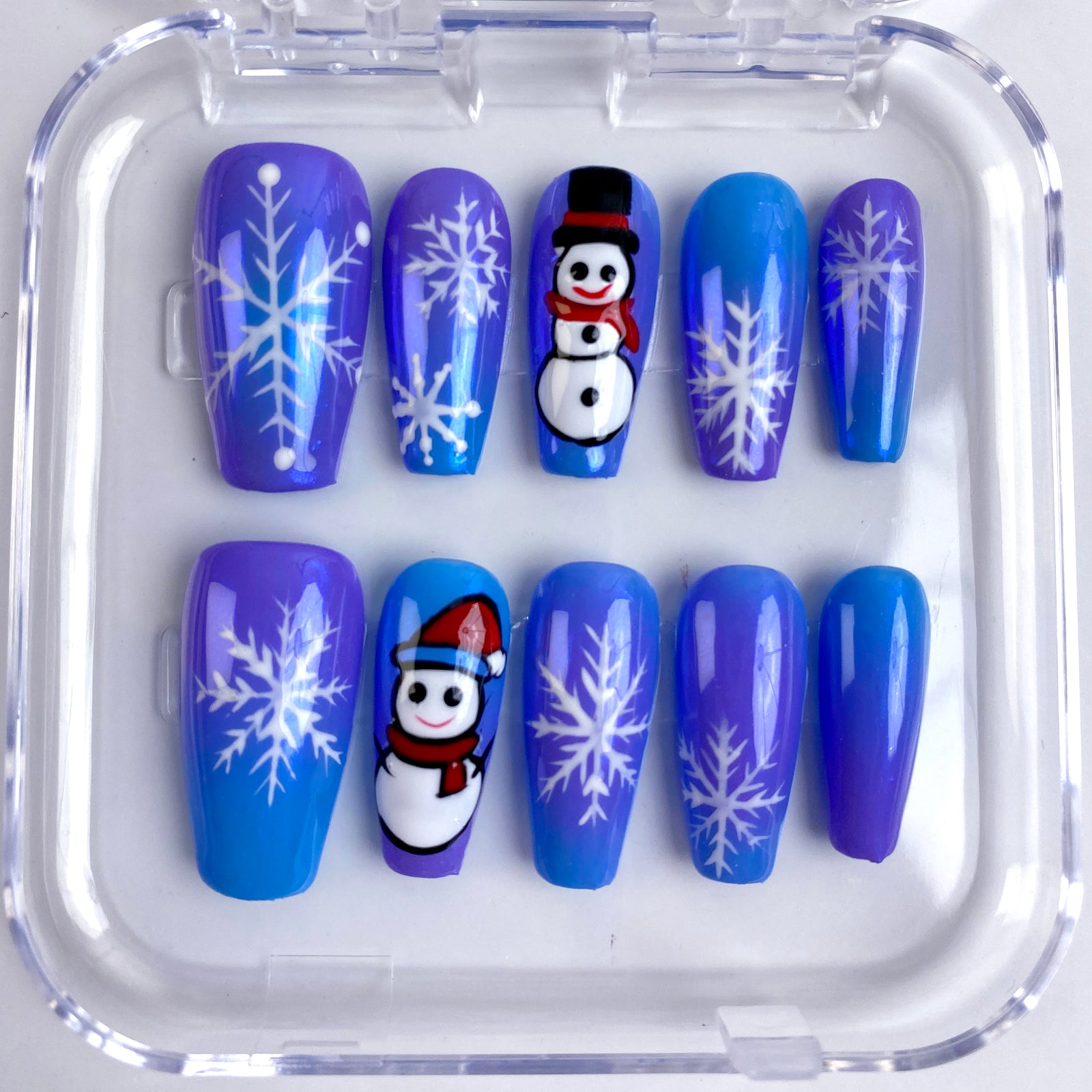 (Handmade) 10pcs/Set Blue & Purple Gradient Snowman Snowflake Press-On Nails