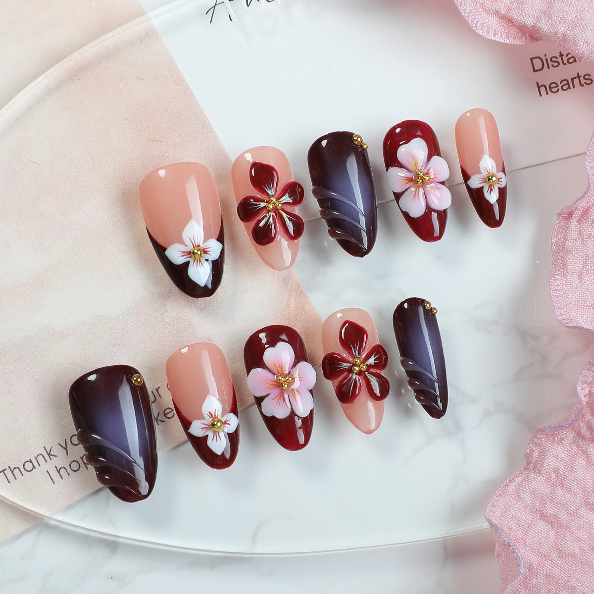 (Handmade) 10pcs/Set Deep Red & Brown French with 3D Floral Press-On Nails