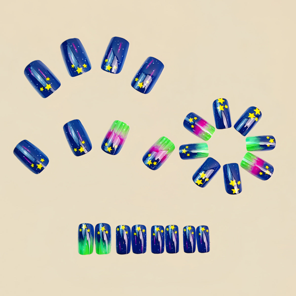 24pcs/Set Blue-Green Ombre Stars Press-On Nails
