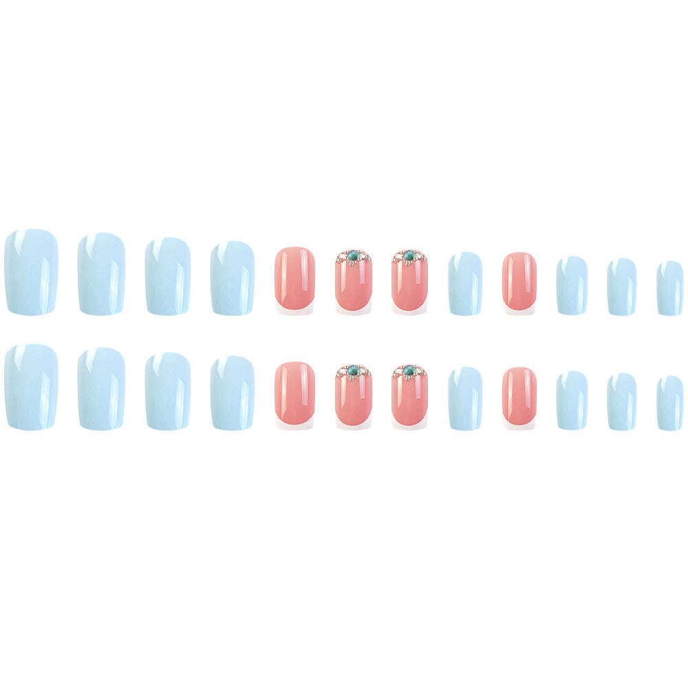 24pcs/Set Blue Rhinestone French Press-On Nails