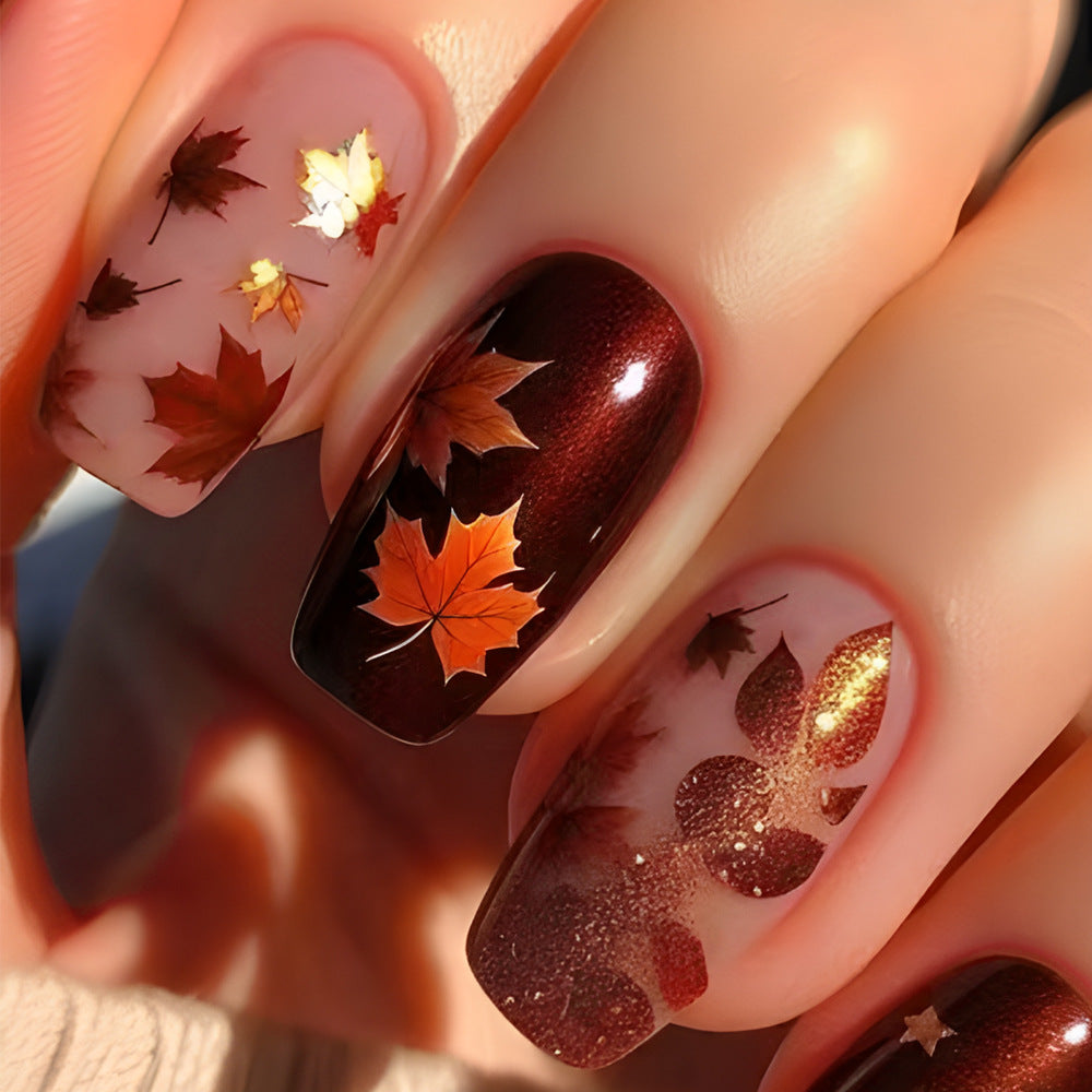 24pcs/Set Dark Maple Leaf Short Press-On Nails