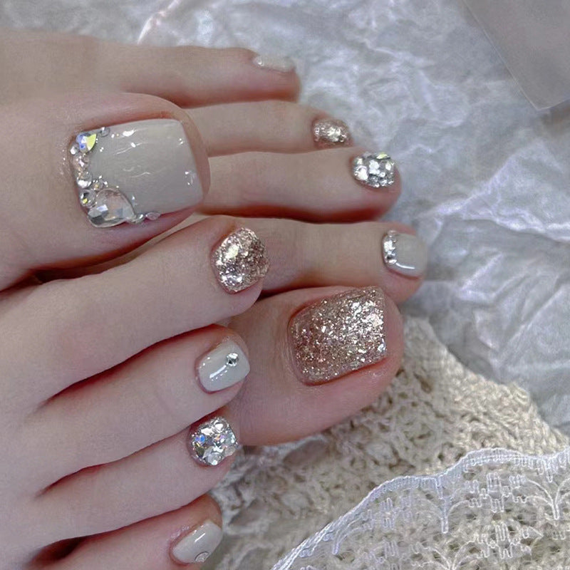 24pcs/Set Champagne Sparkling Heart Diamond Press On Toe Nails