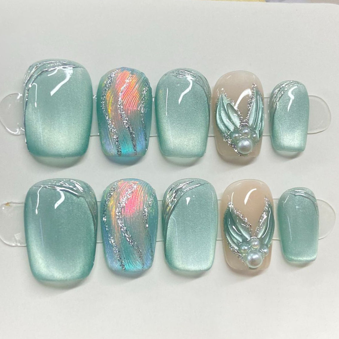 (Handmade) 10pcs/Set Teal Cat Eye Press-On Nails