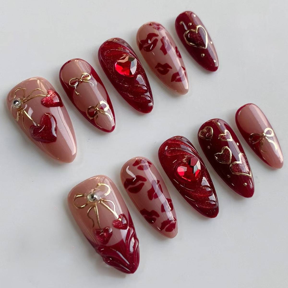 30pcs/Set Cat Eye Hearts & Cherries Press-On Nails