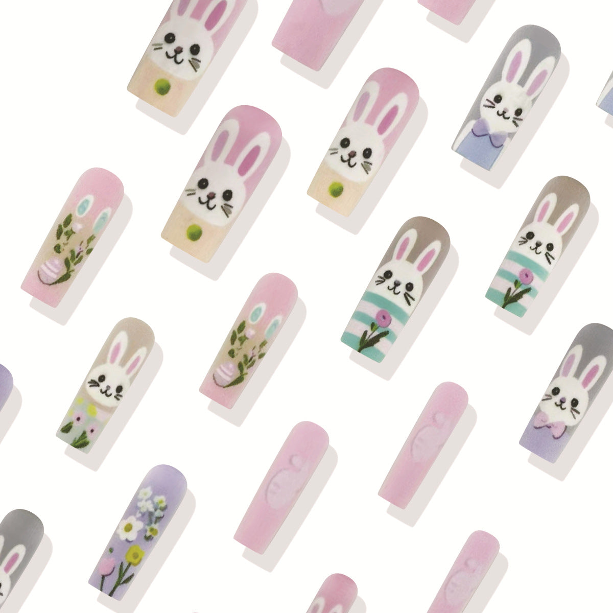 24pcs/Set Colorful Striped Cartoon Bunny Press-On Nails