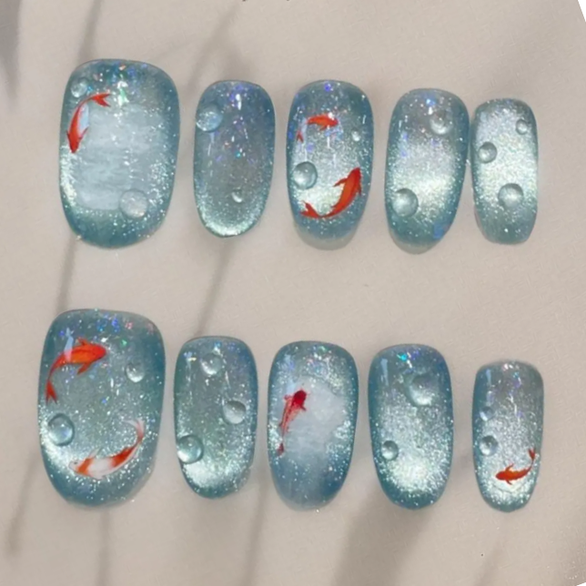 (Handmade) 10pcs/Set Blue Ccean Goldfish Press on Nails