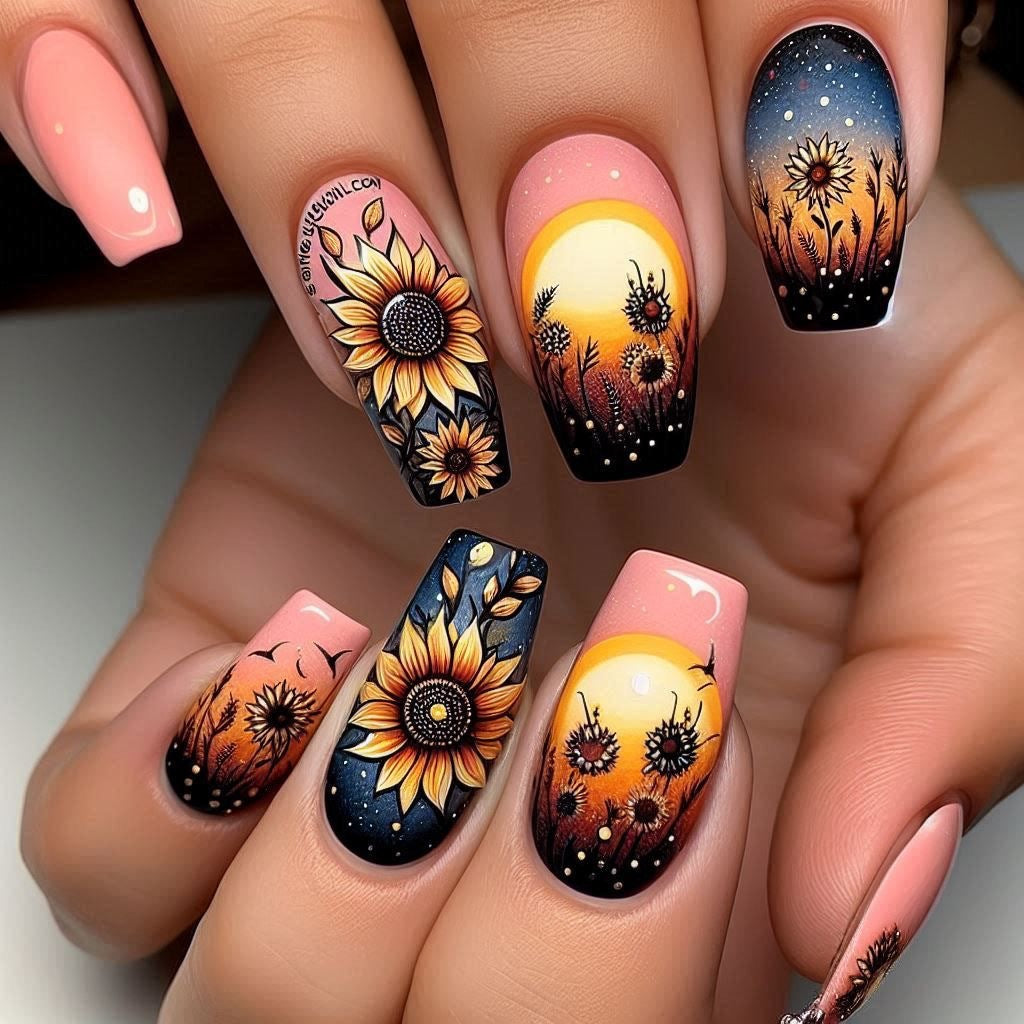 24pcs/Set Sunflower Sunset Starry Sky Press-On Nails