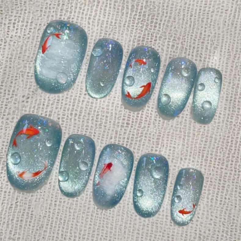 (Handmade) 10pcs/Set Blue Ccean Goldfish Press on Nails