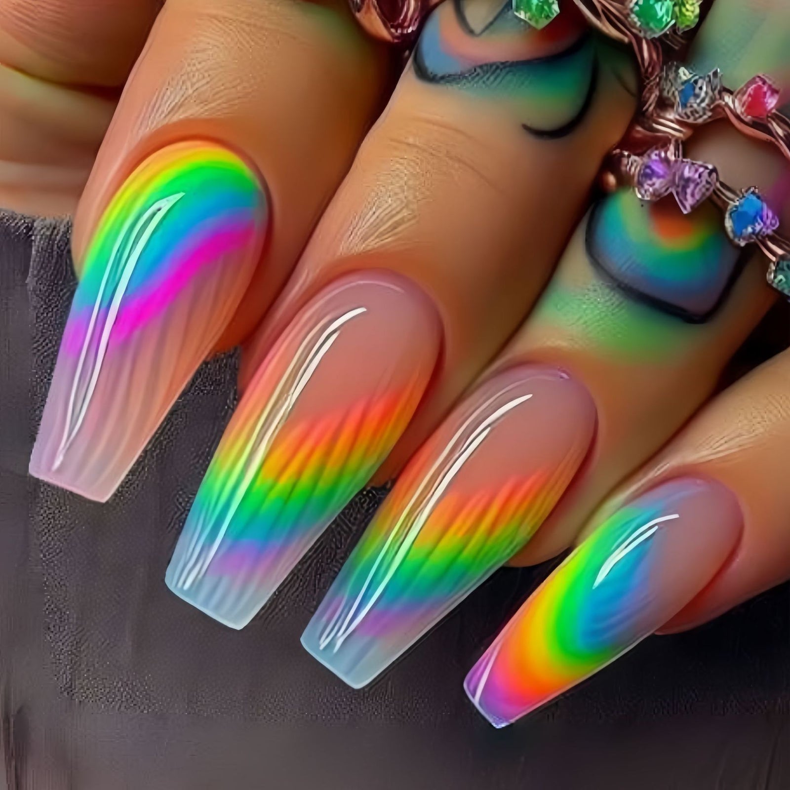 24pcs/Set Multicolor Tie-Dye Stripes Press-On Nails