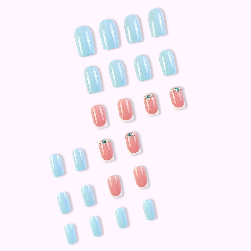 24pcs/Set Blue Rhinestone French Press-On Nails
