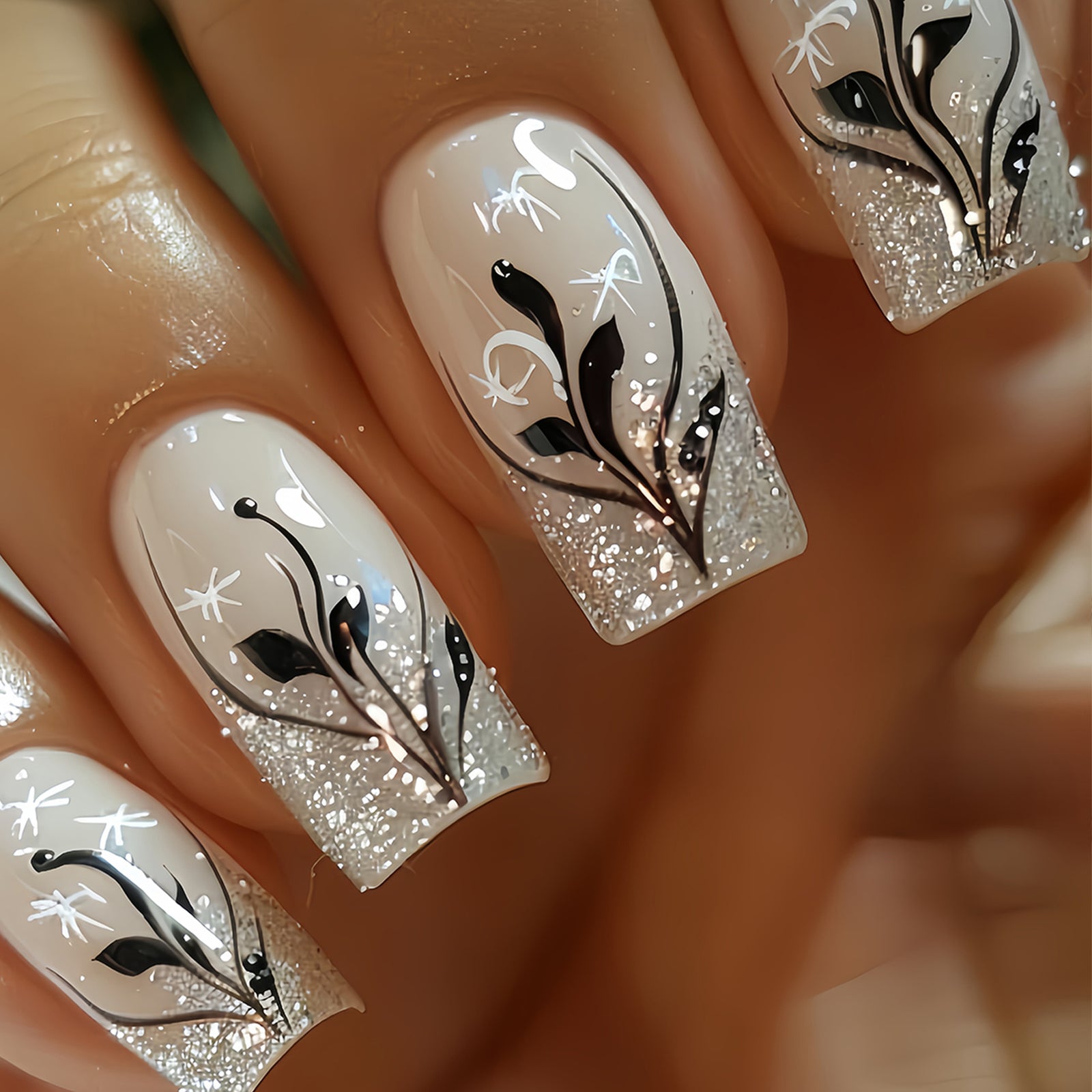 24pcs/Set Ivory French Tip Floral Press-On Nails