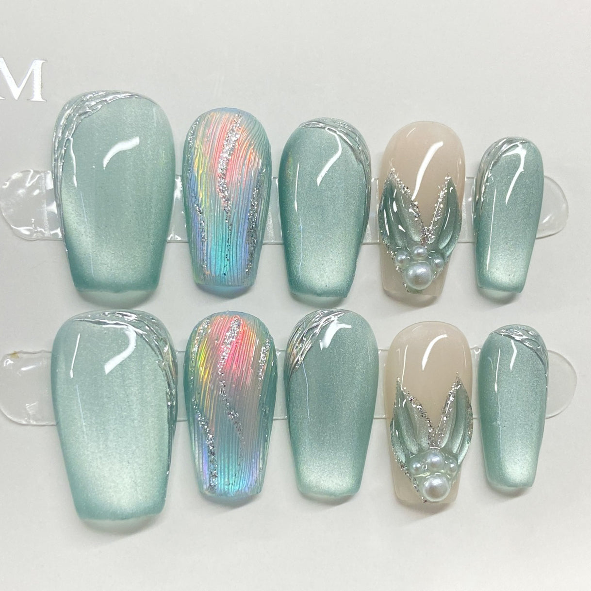 (Handmade) 10pcs/Set Teal Cat Eye Press-On Nails