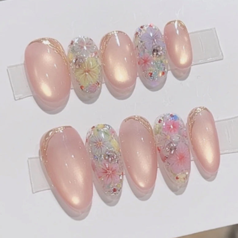 (Handmade) 10pcs/Set Icy Translucent Cat Eye Flowers Press-On Nails