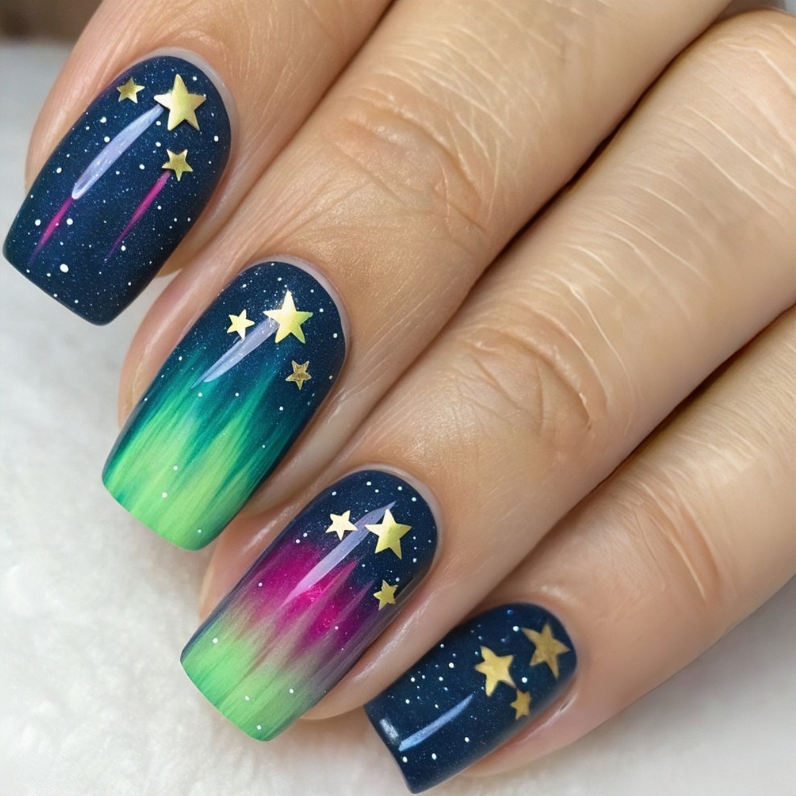 24pcs/Set Blue-Green Ombre Stars Press-On Nails
