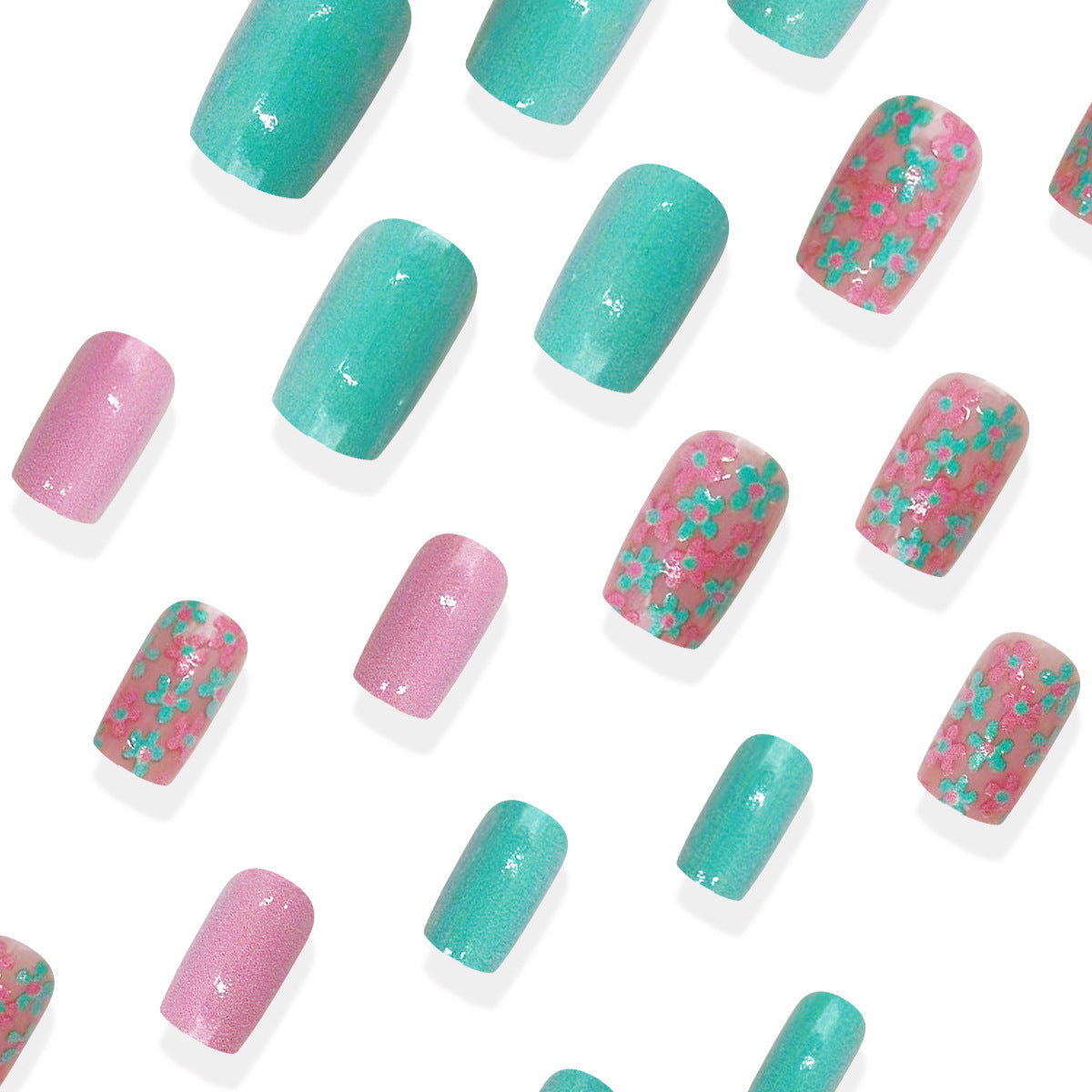 24pcs/Set Mint Green & Pink Color-Block Floral Press-On Nails