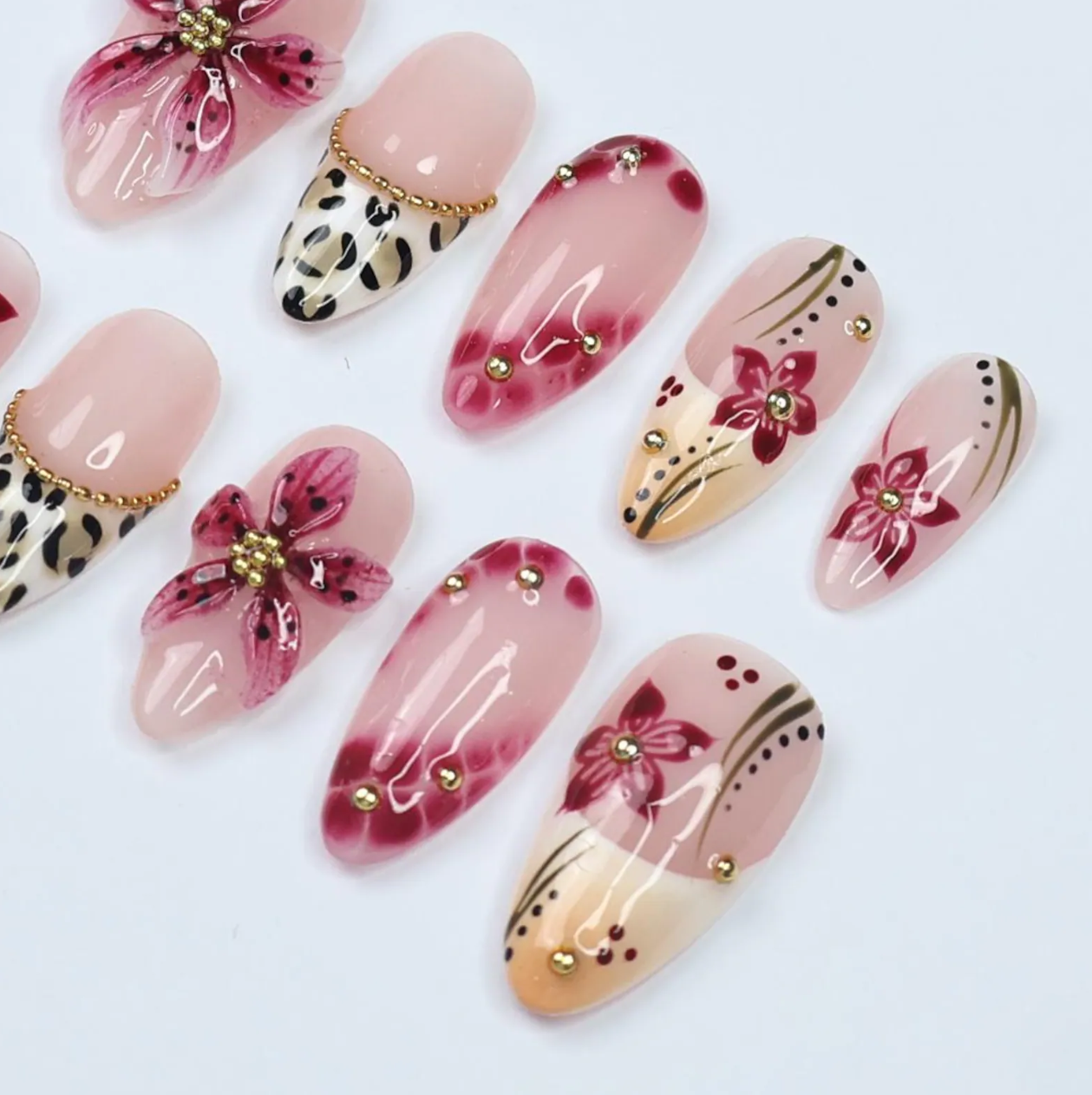 (Handmade) 10pcs/Set Pink Flower Shell Leopard Press-On Nails