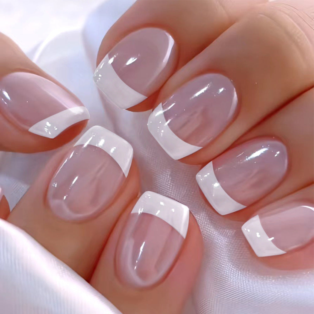 24pcs/Set White French Tip with Glitter Short Press On Nails