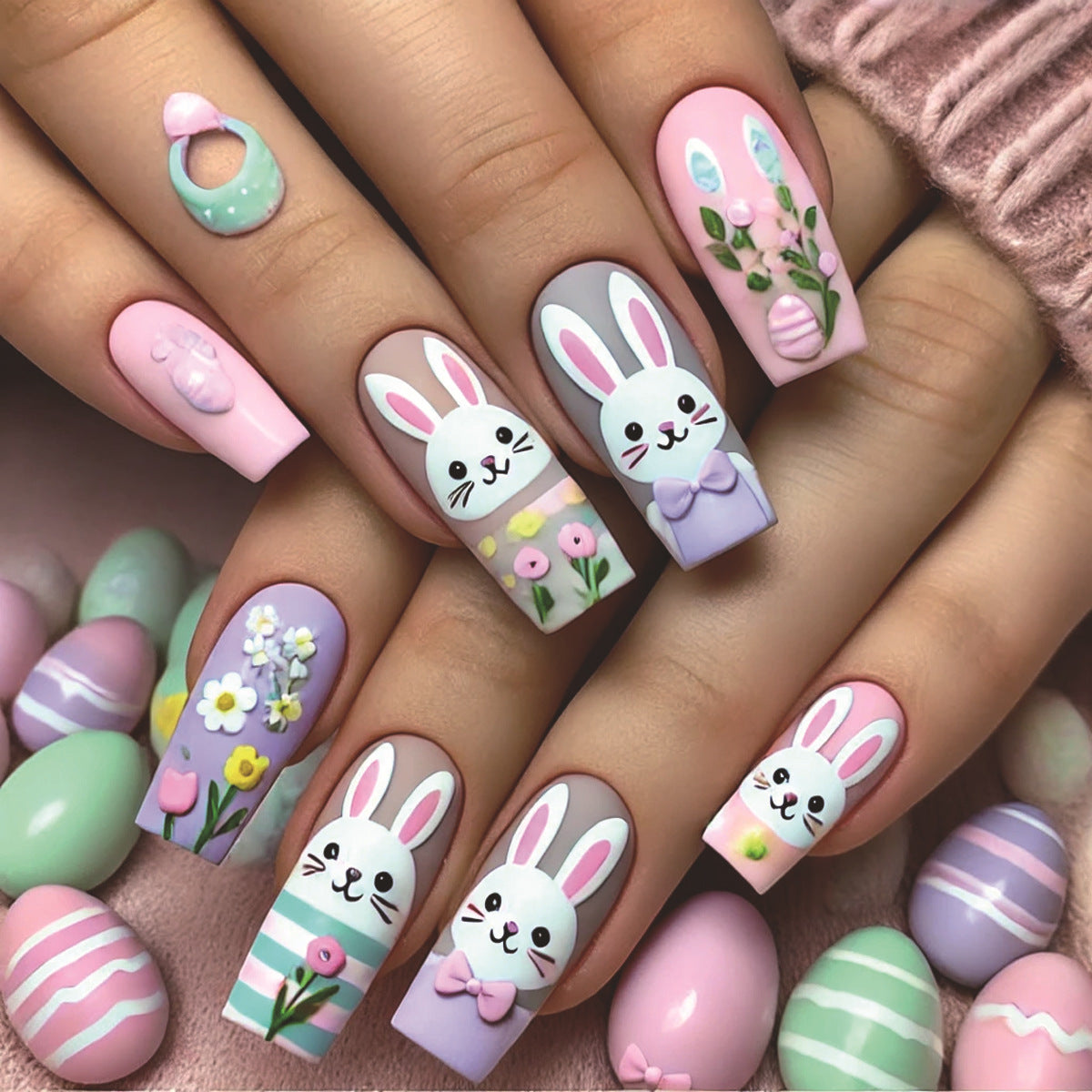 24pcs/Set Colorful Striped Cartoon Bunny Press-On Nails