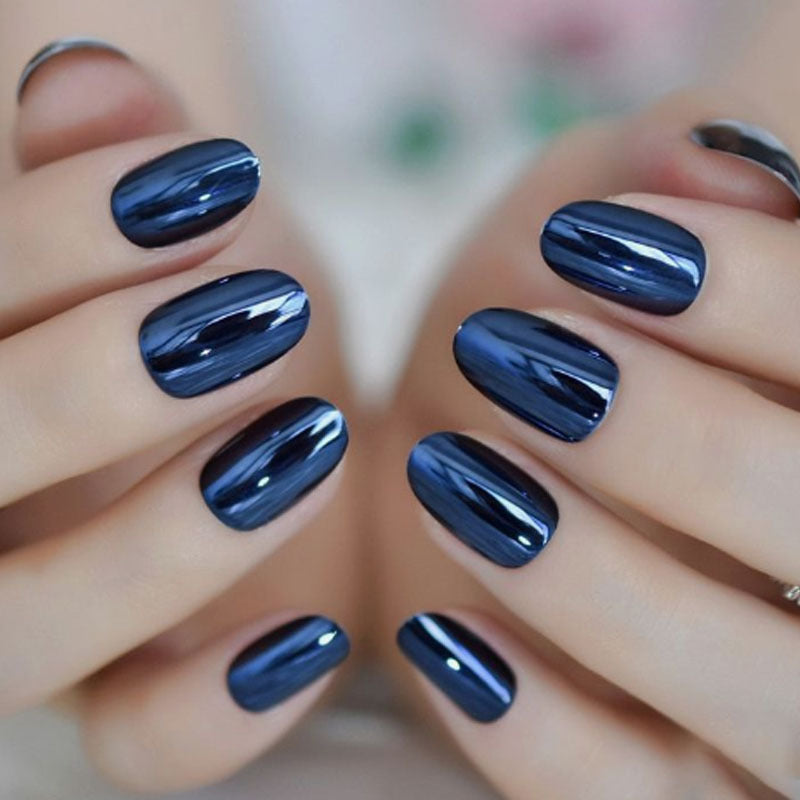 24pcs/Set Blue Chrome Press-On Nails