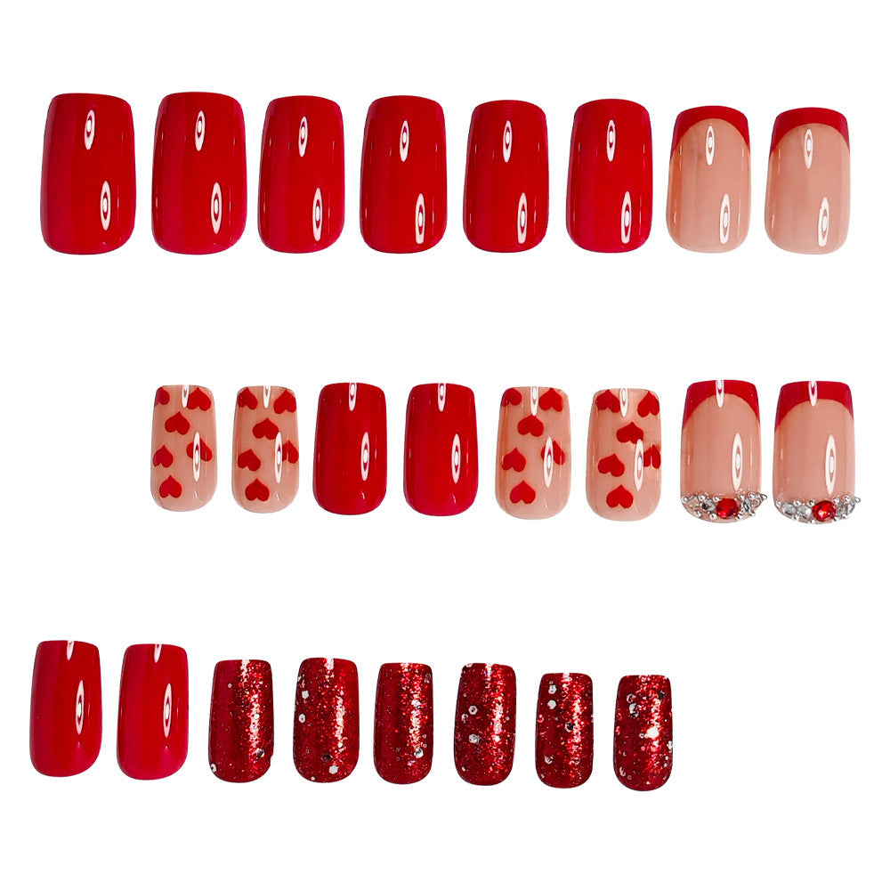 24pcs/Set Red Hearts with Red French Tip & 3D Rhinestones Press-On Nails